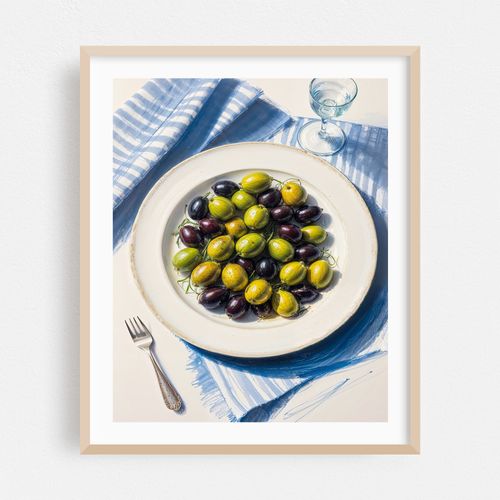 Olives Wall Art Print — Mediterranean Still Life Poster, Blue Green Kitchen Coastal Home Decor