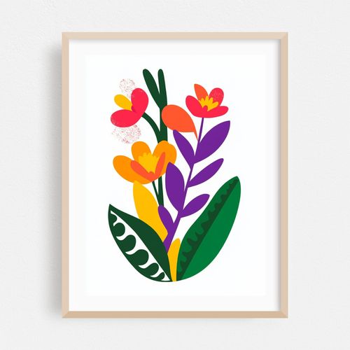 Vibrant Abstract Floral Arrangement with Bold Colors and Organic Shapes, Modern Flat Design Illustration of a Bouquet with Stylized Flowers and Leaves, Perfect for Digital and Print Projects