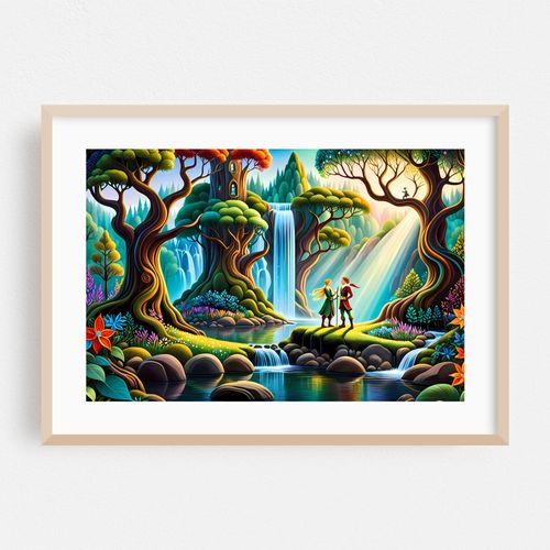 A Couple of Elves Enjoy the Sunset in the Enchanted Forest Realm - Naive Art