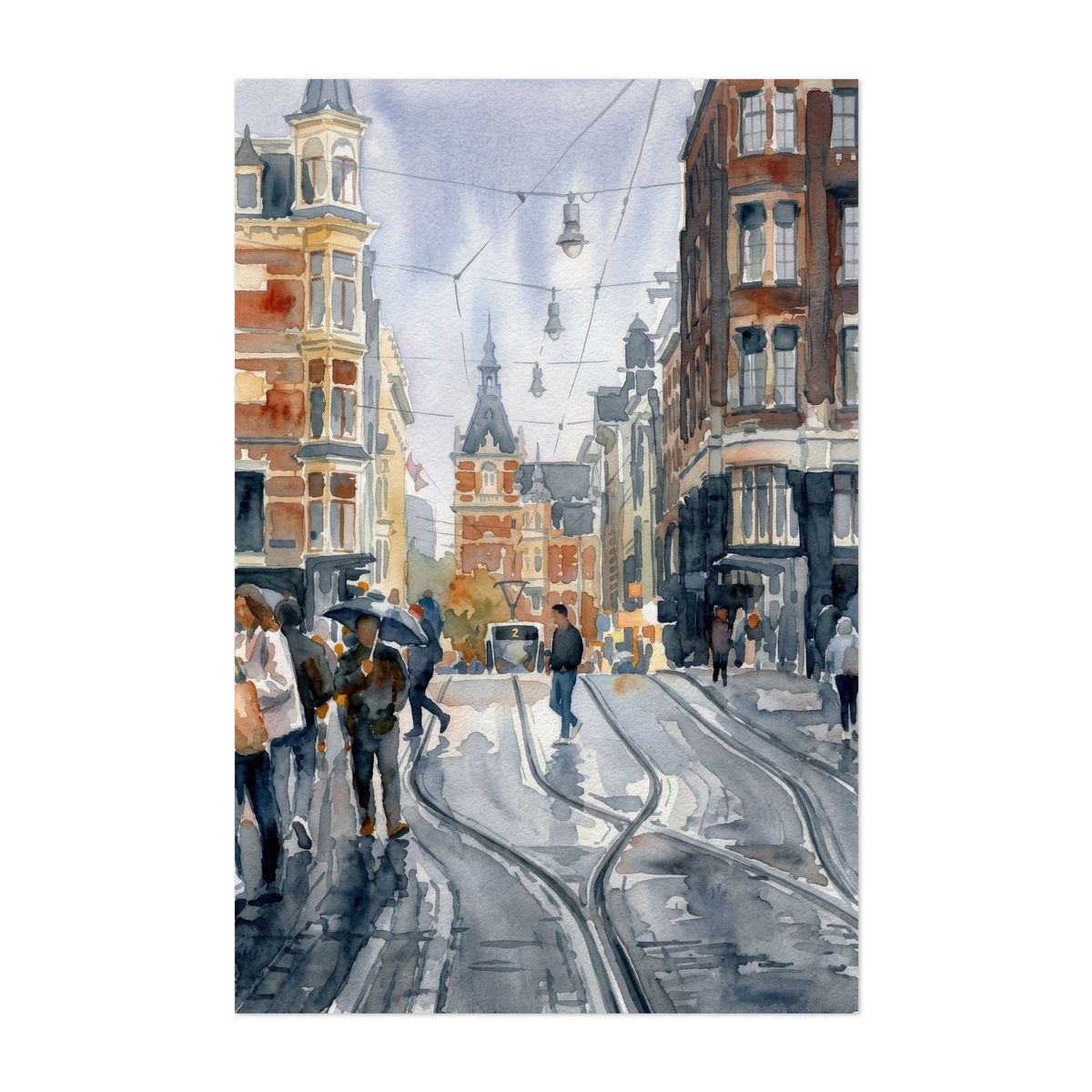 Amsterdam Historic Center, Rainy Day Tram Street Watercolor – image 1 of 2