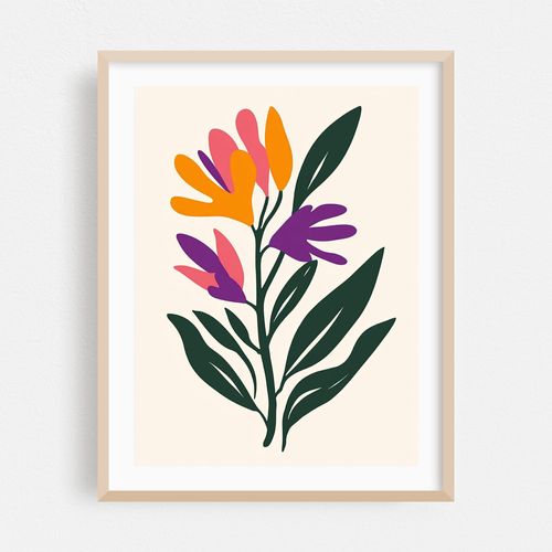 Abstract Floral Illustration with Bold Shapes and Vibrant Colors on a Cream Background
