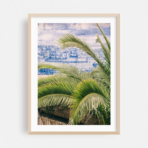 Palm leaves & nautical Azulejos | Lisbon wall art with ships and blue tile detail