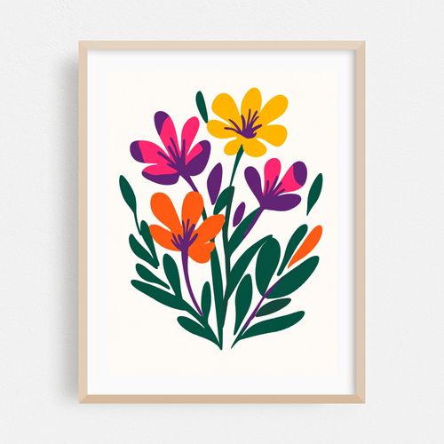 Vibrant Abstract Floral Arrangement with Bold Colors and Leaves