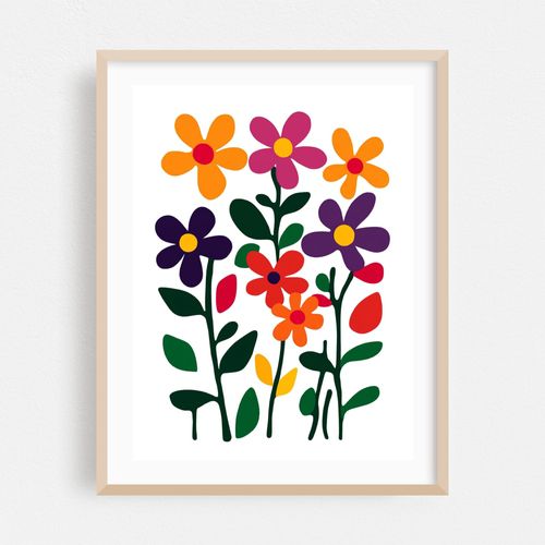 Colorful Flat Design Flowers and Leaves Illustration on White Background
