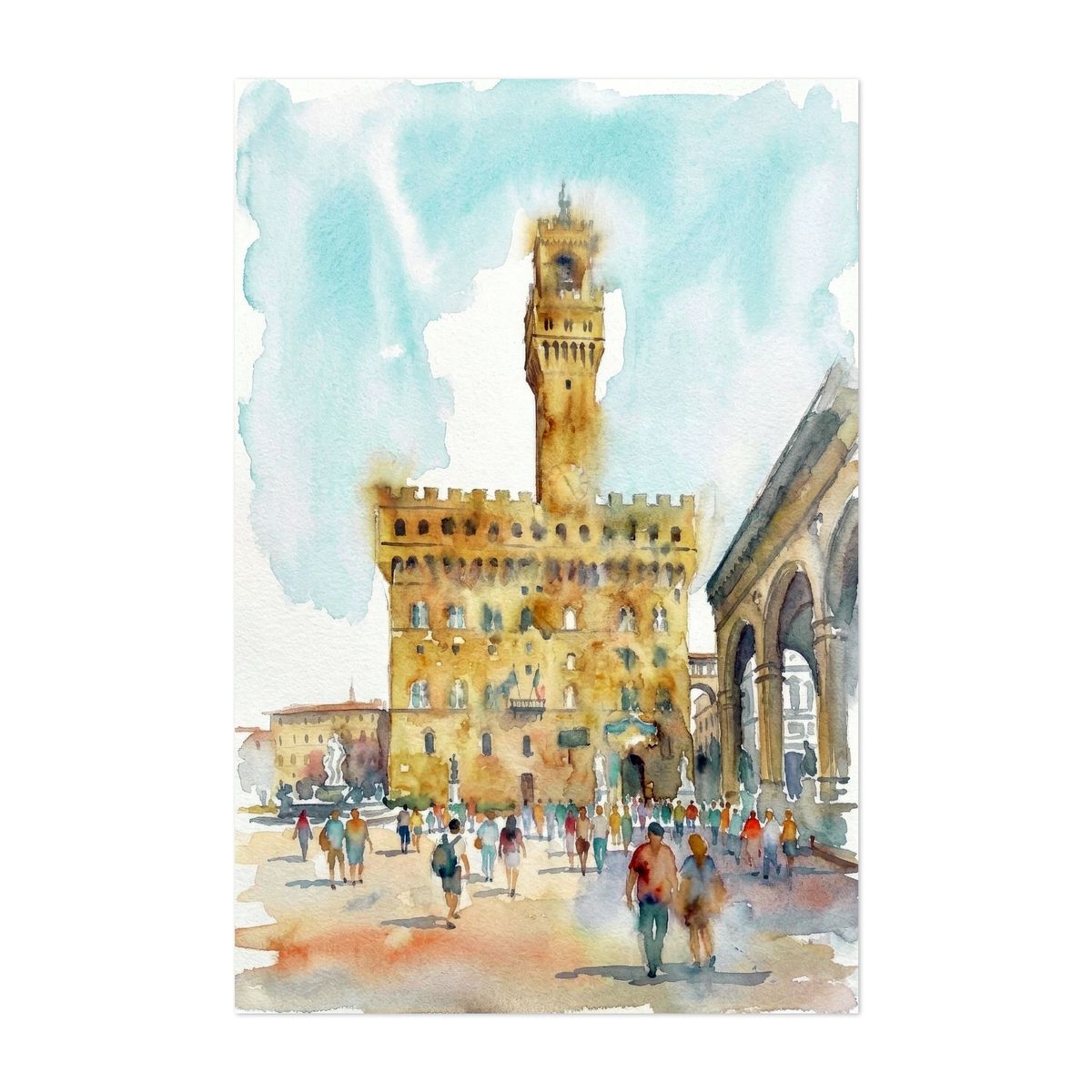 Palazzo Vecchio and Piazza della Signoria Florence Watercolor Cityscape – image 1 of 2