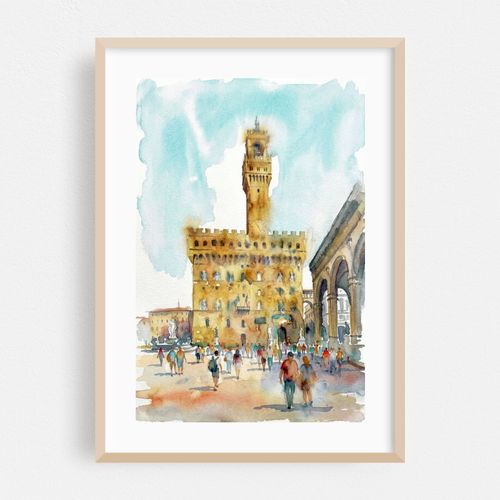 Palazzo Vecchio and Piazza della Signoria Florence Watercolor Cityscape