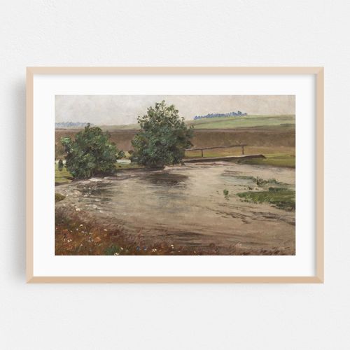 River Landscape Wall Art Print — Vintage Oil Painting Stream Bridge Poster, Muted Cottagecore Heritage Home Decor