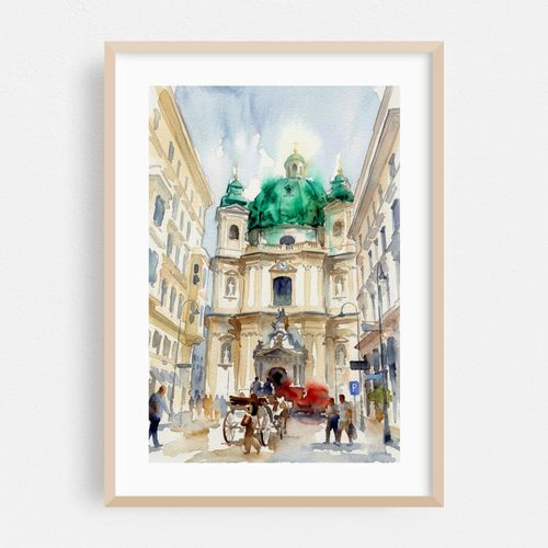 St Peters Church Vienna Fiaker Streetlife Watercolor