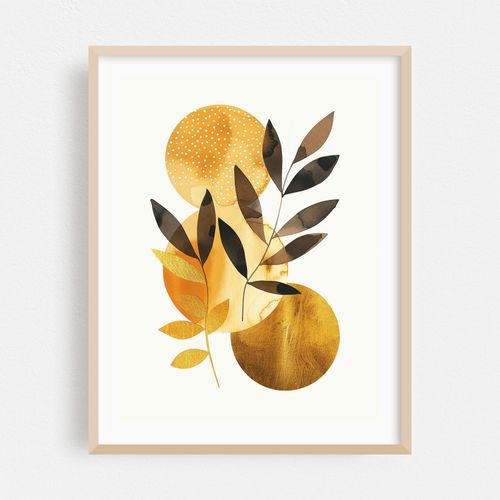 Abstract Botanical Art with Gold and Orange Circles