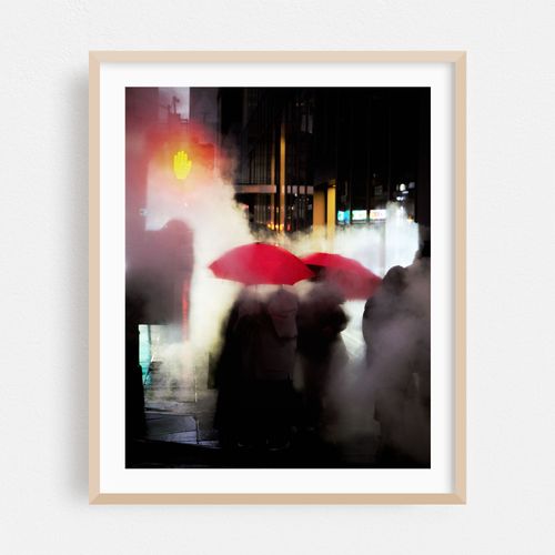 Red Umbrellas in the Mist