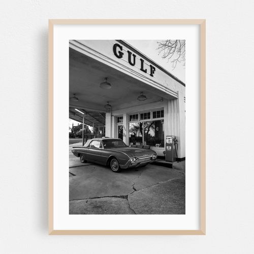 Classic Gulf Oil Station Thunderbird in B&W - Waco, Texas