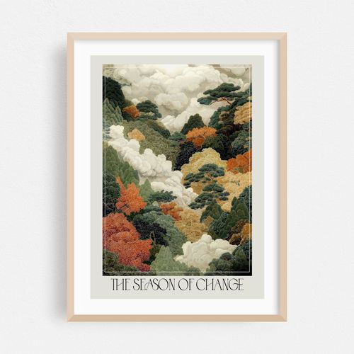 Japandi Fall Forest printable Wall Art maximalist Autumn Decor Art Nouveau Japanese Poster sage green vintage Poster extra large Wall Art