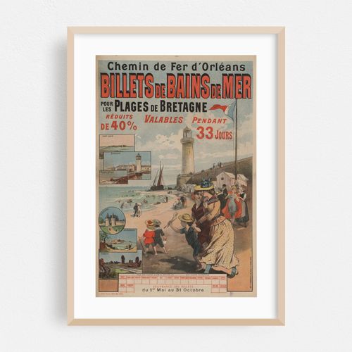 Chemin de fer d’Orléans. Billets de Bains de Mer pour les plages de Bretagne. Port-Louis, Quiberon, Pointe du Raz (1890)