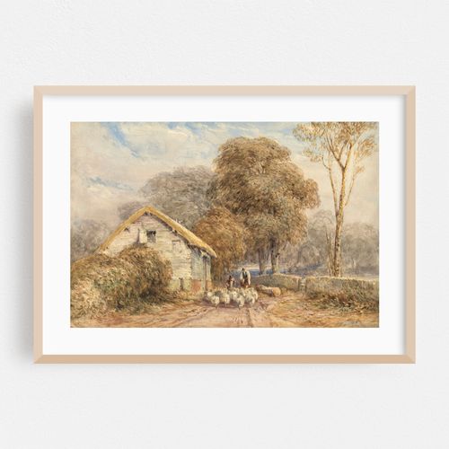 A traveller on horseback, with a shepherd and his sheep, by a barn, on a country road
