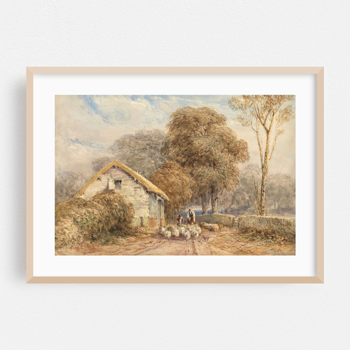 A traveller on horseback, with a shepherd and his sheep, by a barn, on a country road – image 1 of 6