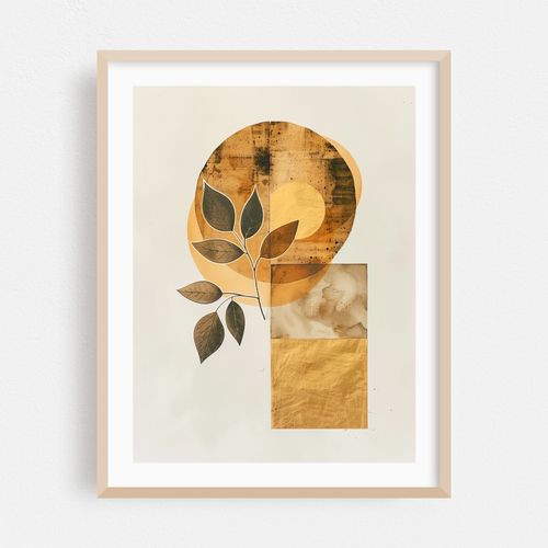 Abstract botanical art with gold leaf and earth tones