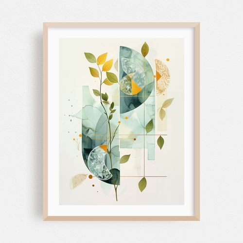 Abstract Botanical Art with Geometric Shapes and Leaves