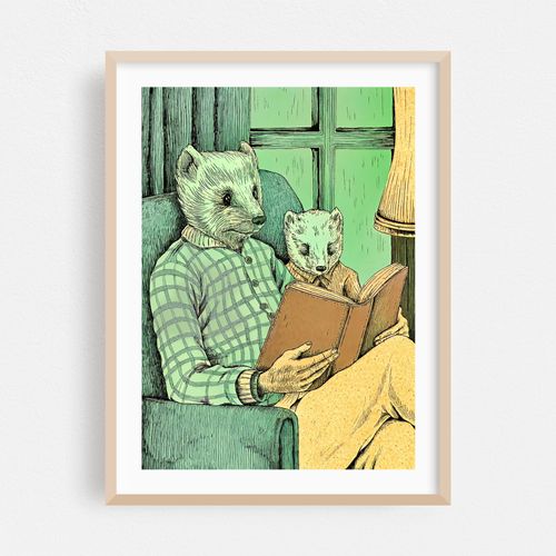 Vintage marten reading with a young marten