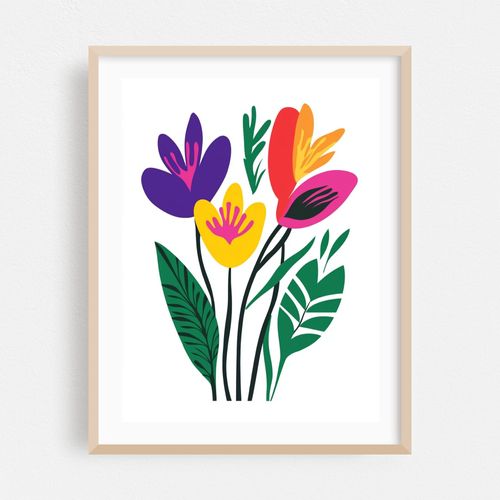 Colorful Abstract Floral Arrangement with Green Leaves