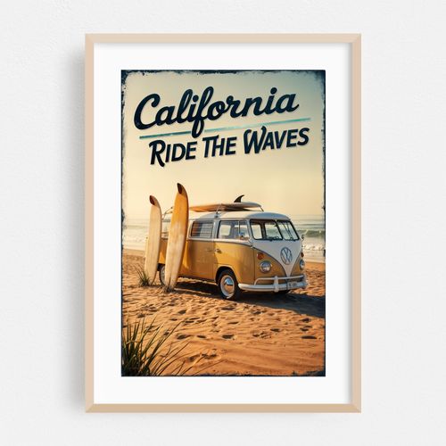California Poster: Vintage VW Campervan Beach Vibes
