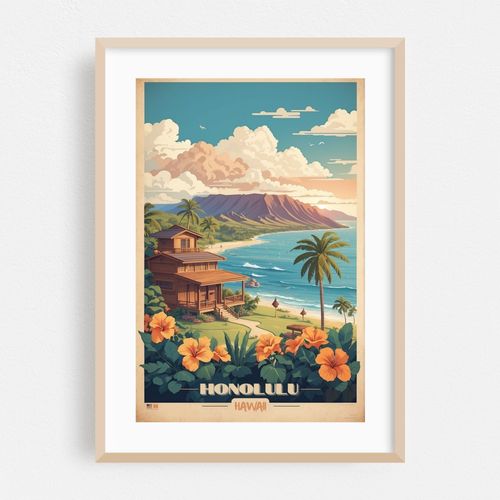 Honolulu Sunset Escape: Vintage Travel Poster