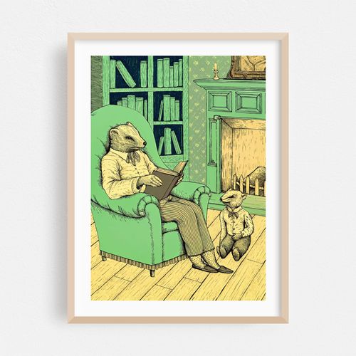 A weasel reading a book to a young weasel