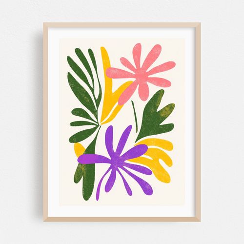Abstract Floral Art with Green Leaves and Colorful Flowers