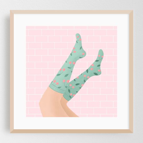 Cherry socks and pink subway tiles