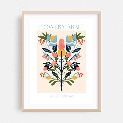 Flower Market Amsterdam Print - Boho Botanical Illustration Poster for Moody Interior Decor