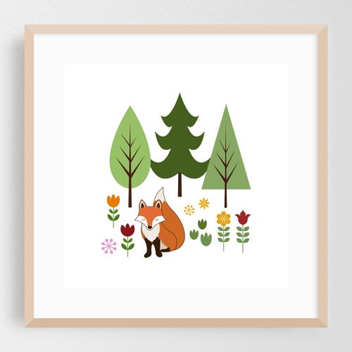 Scandinavian Style Fox Flowers Trees Illustration