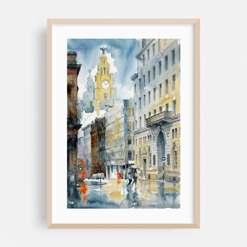 Liverpool Water Street - Royal Liver Building Clock Tower Watercolor