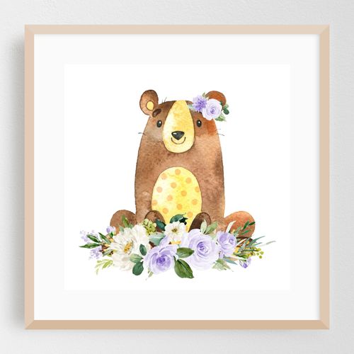 Bear, Woodland Animals, Forest Animals, Boho, Purple Flowers, Gender Neutral Nursery