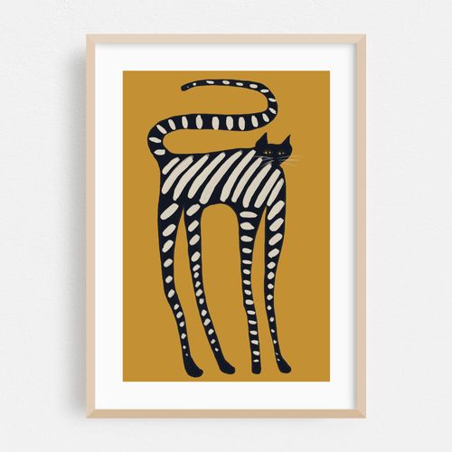 Striped Black Cat Wall Art Print — Bold Folk Art Animal Poster, Mustard Yellow Home Decor