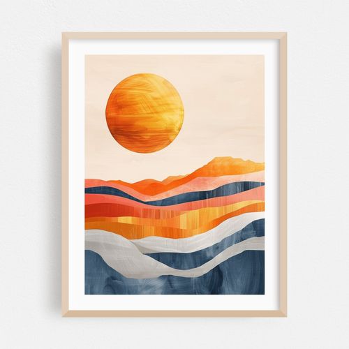 Abstract Landscape with Orange Sun and Wavy Layers in Warm Tones