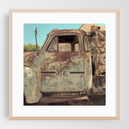Rustic charm found on route 66 captured in a vintage truck under the warm sun