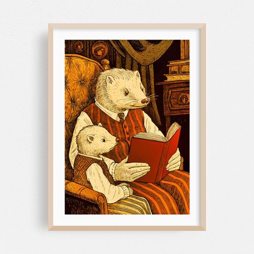 Vintage ferrets reading a book