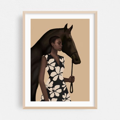 Woman in Bold Print with Black Horse