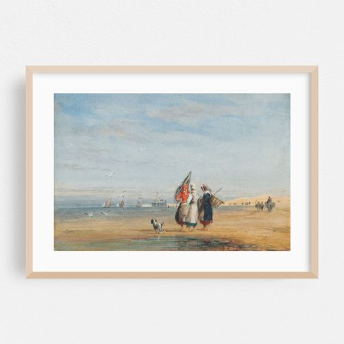 Calais beach with shrimpers and a dog