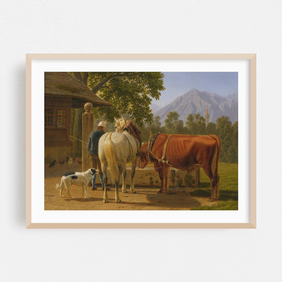 A Horse And Cow At A Well, In The Background Mountain Peak Niesen – image 1 of 3