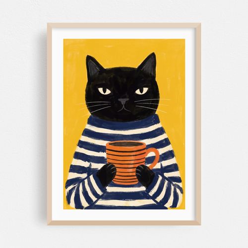 Black Cat Wall Art Print — Funny Striped Shirt Cat Poster, Yellow Kitchen Living Room Decor