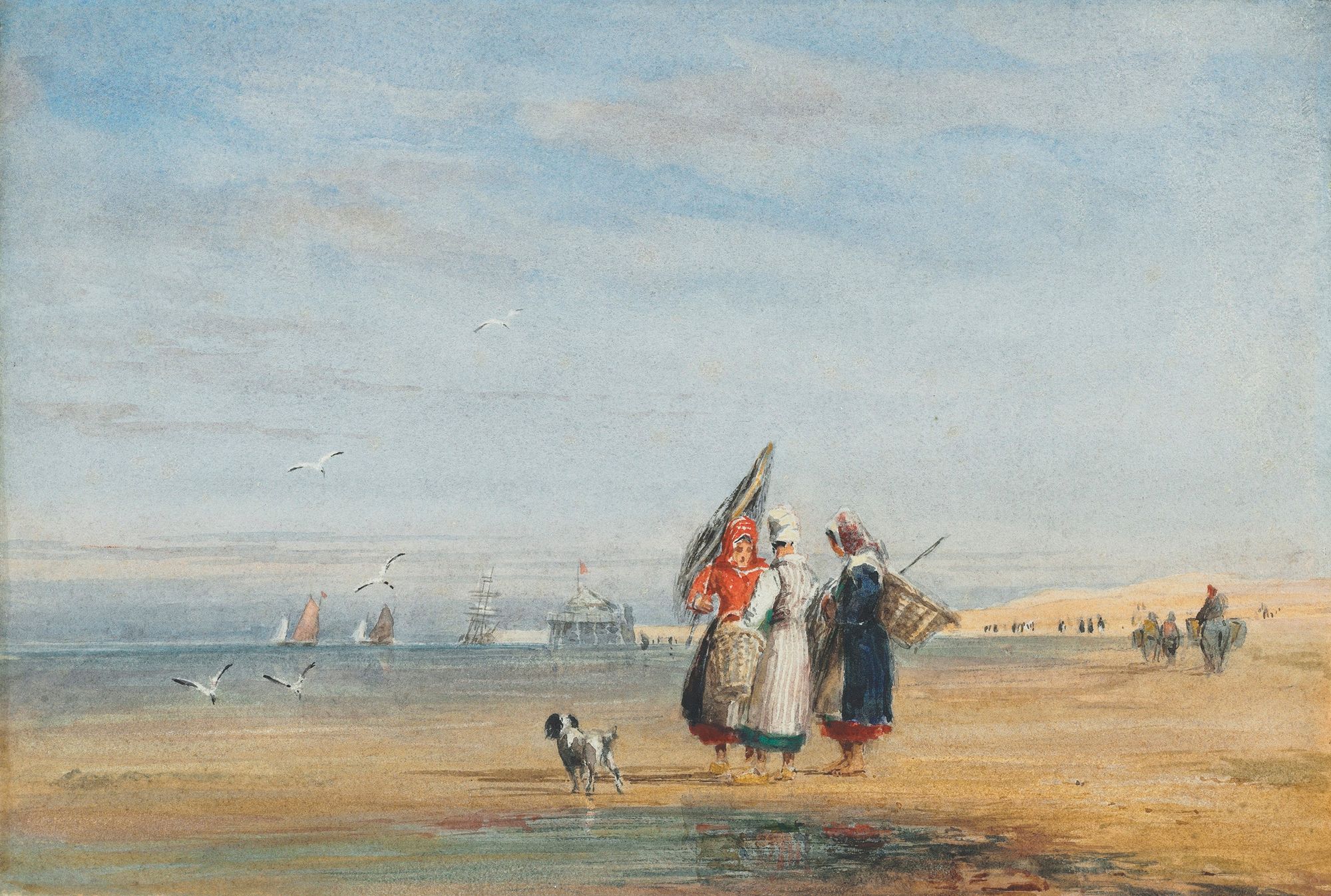 Calais beach with shrimpers and a dog
