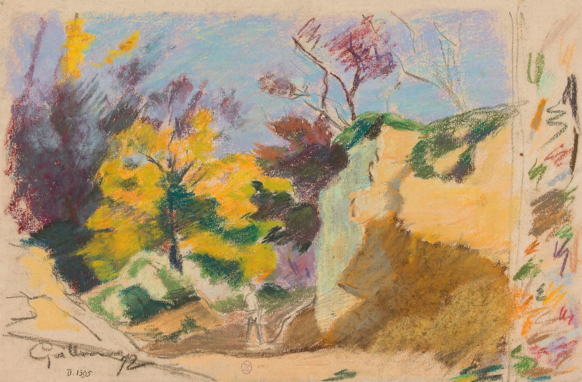 Paysage avec arbres et rochers et essais de couleurs (1872)